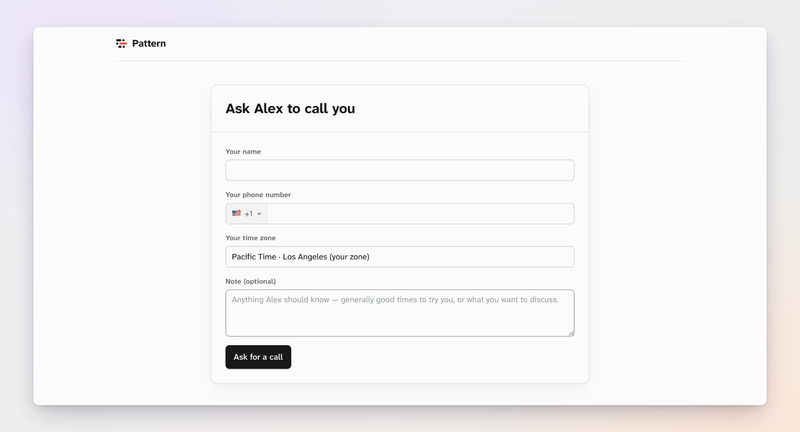 The public call me page, where someone enters their phone number and time zone to be added to the call list