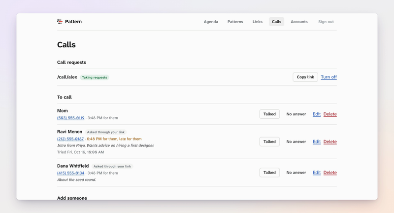 The call list: people to call, with notes and each person's current local time