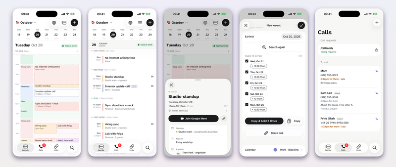 Five screens from the Pattern iOS app: the day timeline, the list view, an event with a Join button, suggested times, and the call list