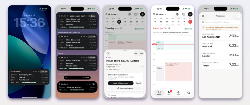 The Pattern live activity on the iPhone lock screen and in the Dynamic Island, showing the current timebox, upcoming events and a button to log a call