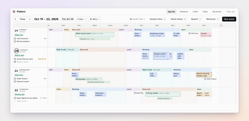 A week in Pattern: each day is a horizontal row, with named timeboxes like Deep work, Meetings and Lunch forming a rail along the top of each day and events laid over them