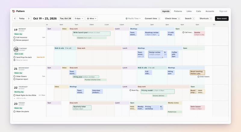 A full work week in Pattern, each day a horizontal row with room for long event names
