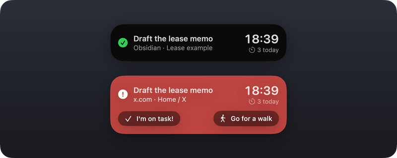 The Side Eye floating window on task (dark, green check) and off task (red, with I'm on task! and Go for a walk buttons)